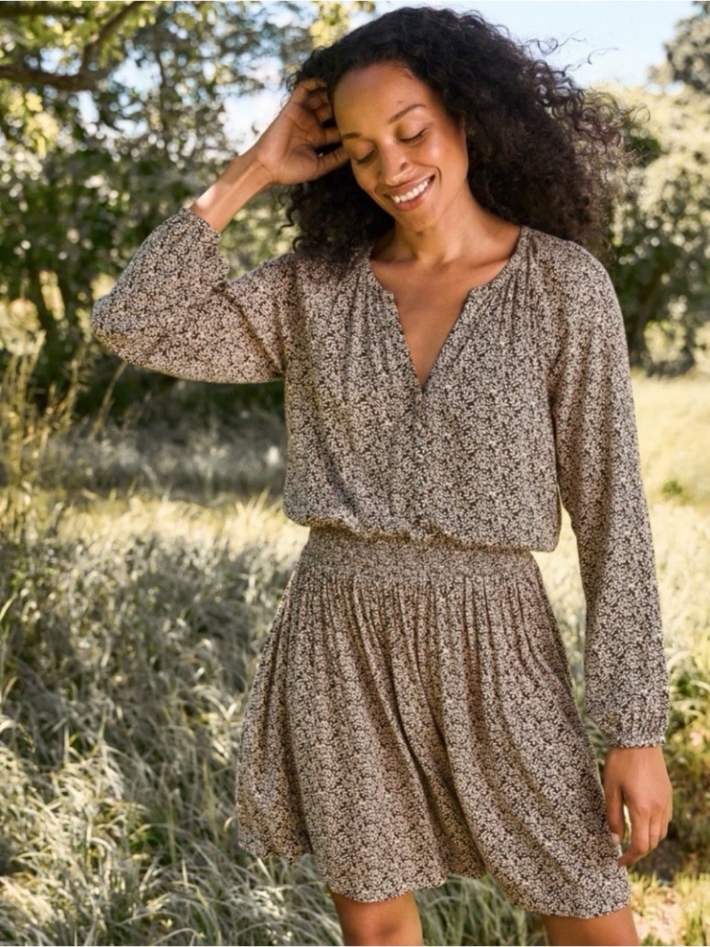 Faherty Montara Leaf Batik Floral Print Brown Mini Dress L Boho Festival